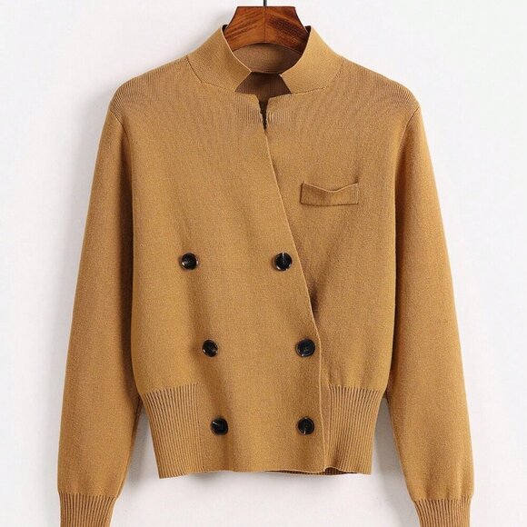 Yellow Casual Women's Double-Breasted Loose Elegant Long Sleeve Cardigan - Picture 5 of 6